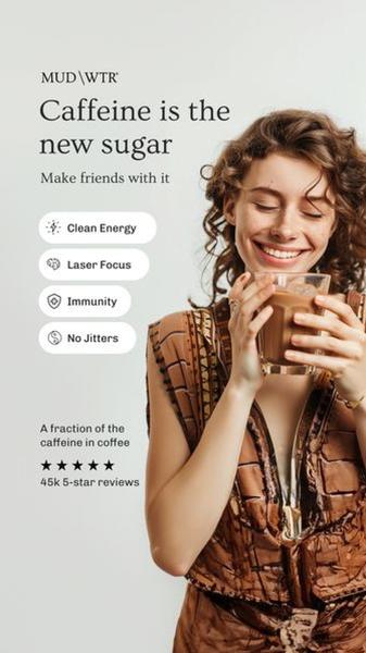 A lifestyle-focused ad for mushroom coffee featuring a person enjoying the drink, accompanied by clear, benefit-driven icons and social proof.